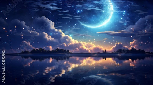 Lake on the background of the night sky with clouds