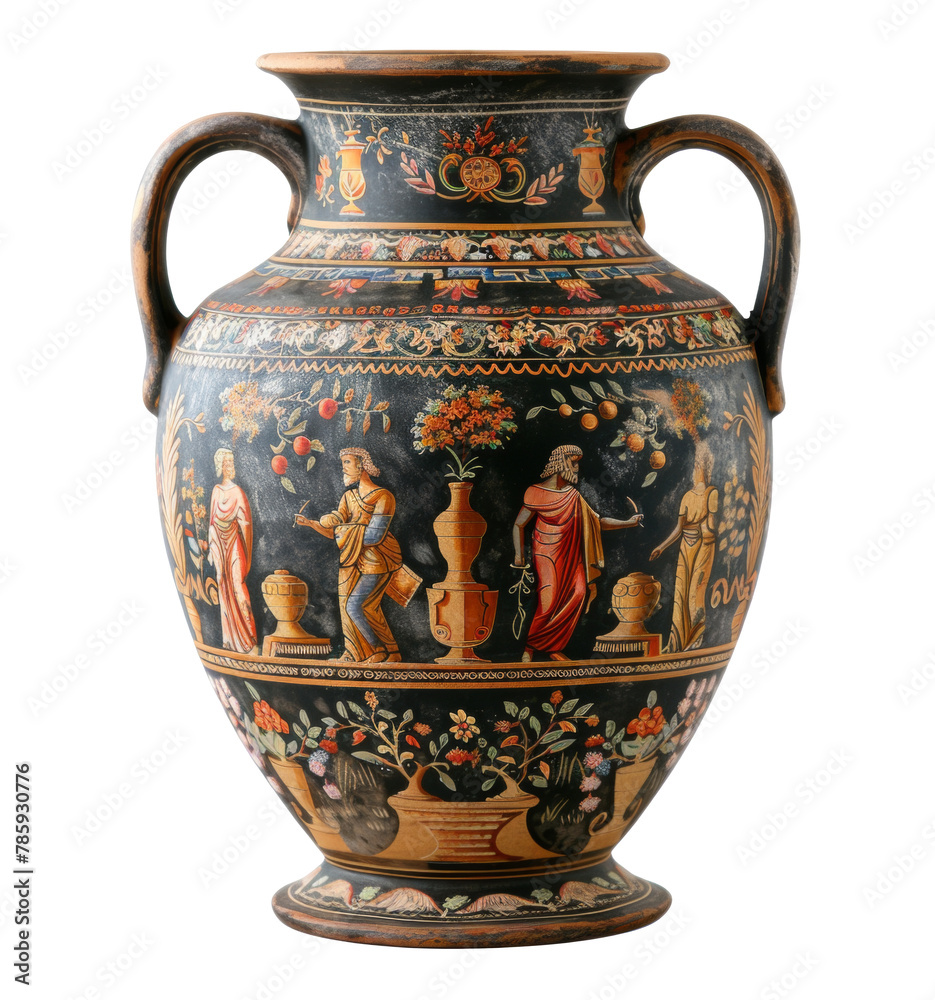 Vintage greek ceramic vase with colorful mythological imagery isolated on transparent background