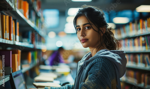 Studious Indian Woman Pursuing Knowledge Amidst Library's Scholarly Ambiance photo