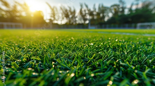 Close-up of a soccer field with vibrant green grass © Sasint