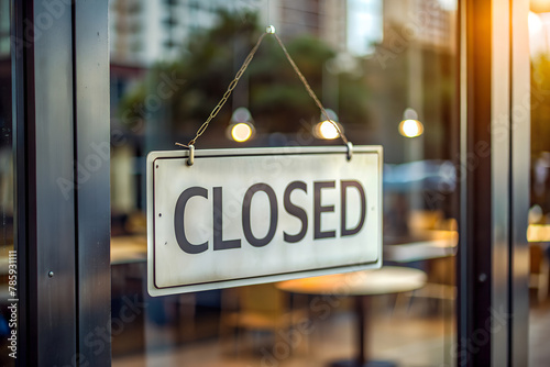 Closed sign on restaurant door with warm interior and reflective glass, conveying quietness