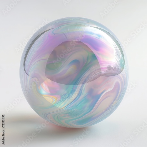 A glossy, iridescent sphere with a central void displaying swirling colors in a soft light.