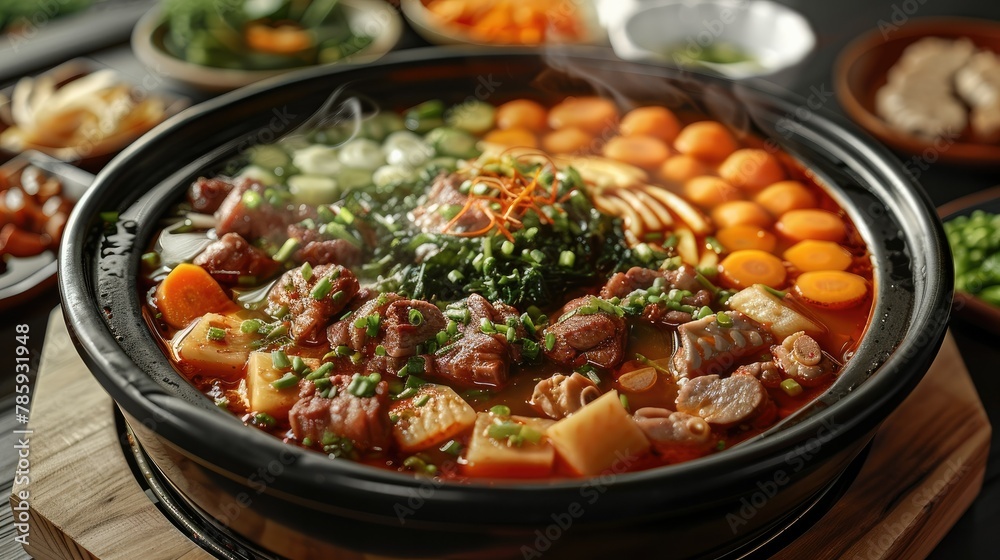 A large hot pot filled with various ingredients, including meat and vegetables, is placed on the table. Generative AI.