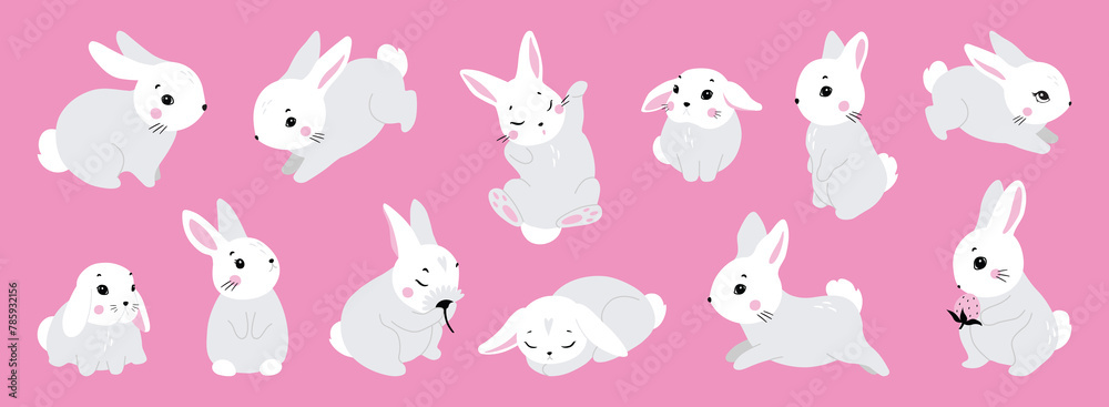 Cute white rabbit in various poses. Rabbit animal icon isolated on background. For Moon Festival, Chinese Lunar Year of the Rabbit, Easter decor. White Easter bunny, hare. Wild animals, baby animals 