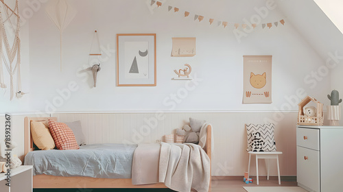 Modern minimal home interior design. Nursery room with bed, pillows, bed linen, plaid, toys, furniture and decorations