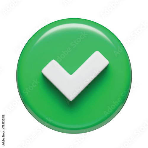 3D realistic tick check mark sign, green round shaped interface button. Yes or correct check mark in green circle. Validation concept, safe account, confirmed transaction three-dimensional vector