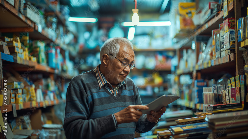 In the heart of a bustling city, an elderly man diligently manages his hardware store, surrounded by a cacophony of urban sounds and the constant flow of customers. In the heart of a bustling city, an elderly man diligently manages his hardware store, surrounded by a cacophony of urban sounds and the constant flow of customers.