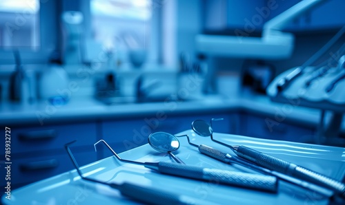 A banner showcasing a dentist's office room, featuring a close-up of various dental instruments and tools, with a blue toning effect applied. photo