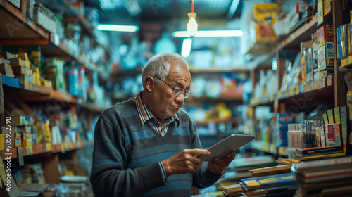 In the heart of a bustling city, an elderly man diligently manages his hardware store, surrounded by a cacophony of urban sounds and the constant flow of customers. © Sajib