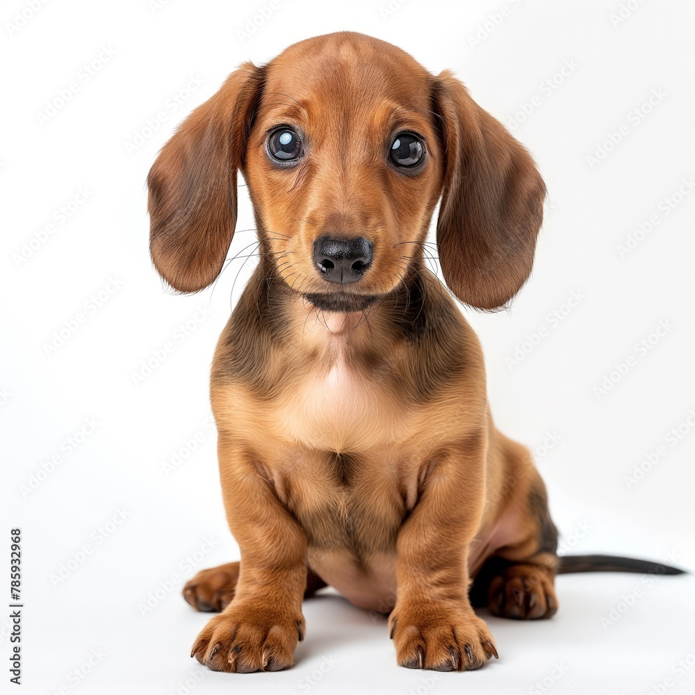 Cute brown dachshund puppy sitting against a white background with an innocent expression.