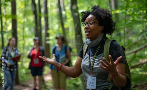 Enthusiastic Nature Guide Educating a Group During a Forest Walk