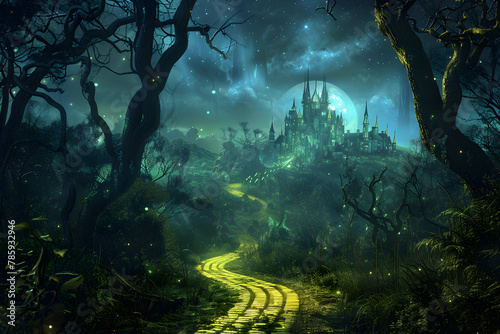 Mysterious Nighttime Journey through Magical Forest towards Emerald City in 'Oz' story