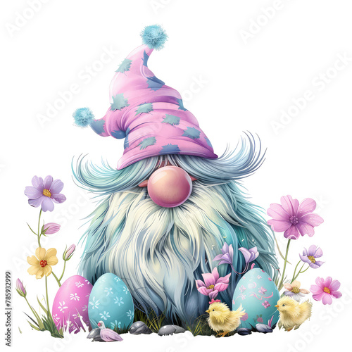 cute gnome with long hat covering eyes, big nose, 3d, illustration, hand drawn, detailed, easter theme with easter eggs and flowers and baby chickens