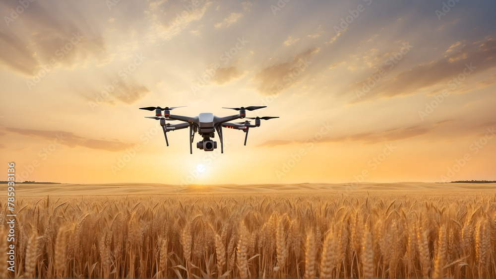 Drone flying over wheat field at sunset 