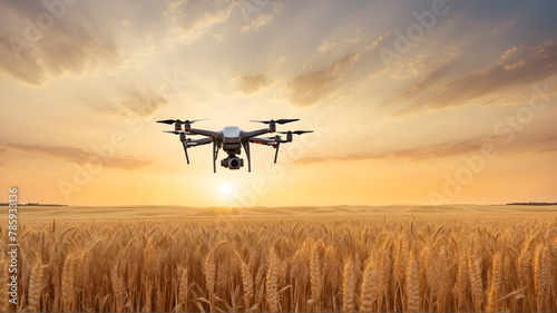 Drone flying over wheat field at sunset 