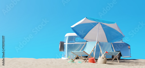 Summer vacation, travel holiday, van and beach accessories with blue background. 3d rendering	