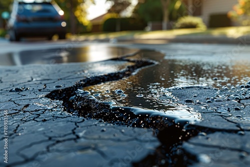 A detailed process of pouring asphalt sealant on a driveway to meticulously repair cracks, ensuring a smooth and durable surface