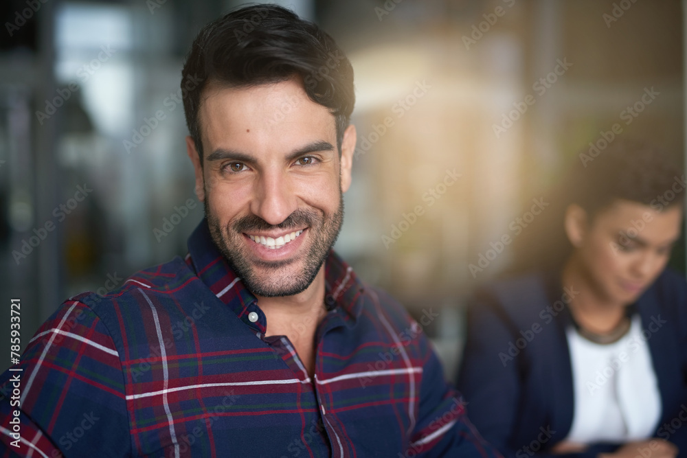Fototapeta premium Portrait of businessman, confident and smile in meeting with staff, management or happy employee with business people in workplace. Office, corporate and man or consultant or entrepreneur for career