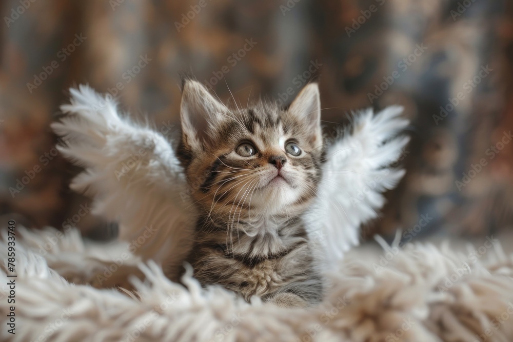 Pure charm: a tiny kitten with angel wings exudes innocence and curiosity.
