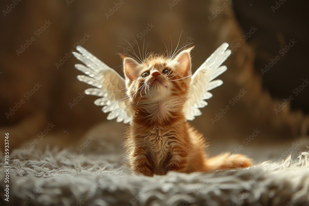 Innocence personified: a playful kitten with angel wings looks around in wonder.
