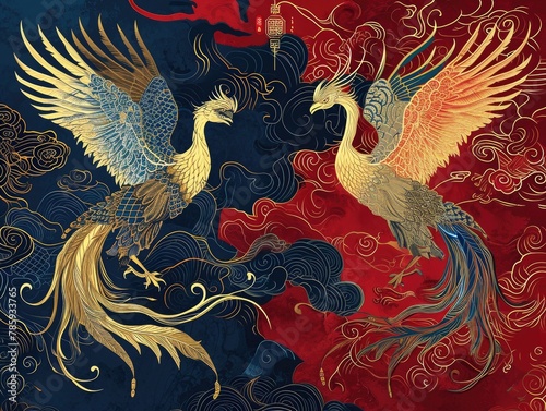 The picture of double phoenix that stay at opposite of each other on the red and blue side that the design of the phoenix come from east asian like chinese, korea or japan symbolize longevity. AIGX01. photo