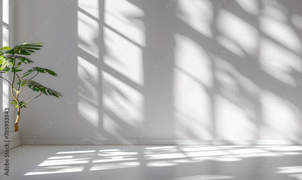 Empty room with shadows of window and flowers and palm leaves . room with copy space. Summer concert. Blurred backdrop. Empty room with shadows of window and flowers and palm leaves . room with copy space. Summer concert. Blurred backdrop.