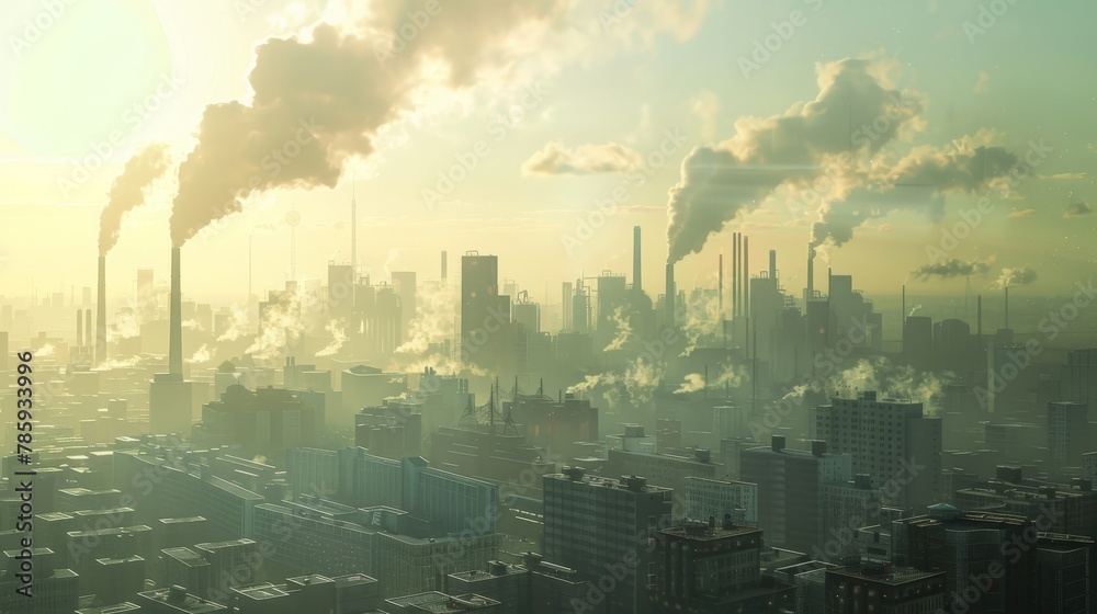 A bustling city skyline with towering factories, their smokestacks casting long shadows, representing the urban sprawl contributing to global warming pollution.