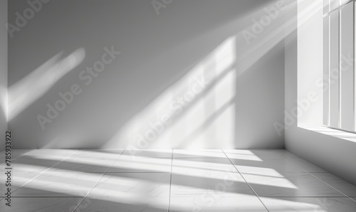 Abstract white studio background for product presentation. Empty room with shadows of window and flowers and palm leaves . room with copy space. Summer concert. Blurred backdrop.