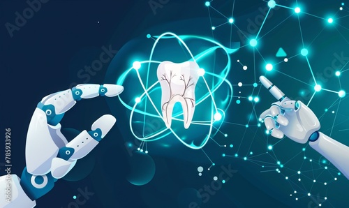 A representation of a human tooth within an atom, with a doctor's and a robot's finger connecting with an AI cross symbol photo