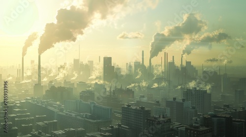 A bustling city skyline with towering factories, their smokestacks casting long shadows, representing the urban sprawl contributing to global warming pollution.