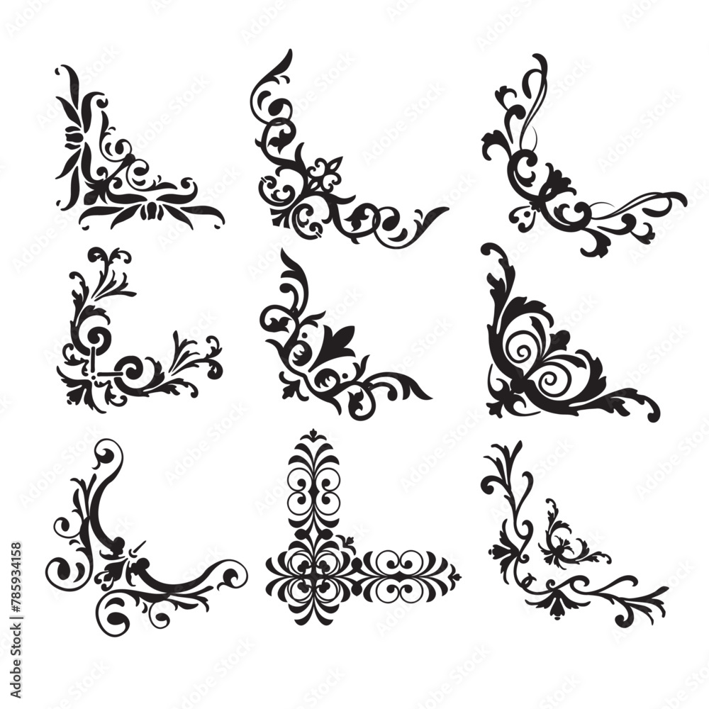 Christianity ornament design element black white floral corners sketch