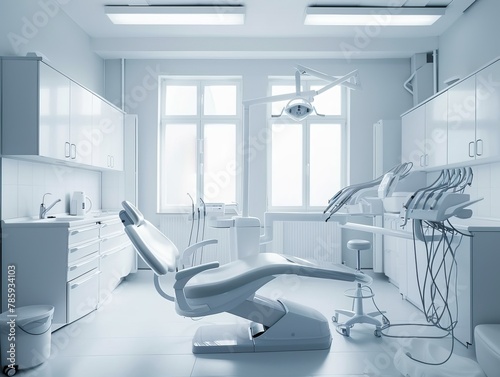 A white dental chair  equipped with modern tools  is positioned within a spacious office alongside cabinets 