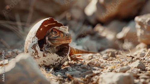 A baby dinosaur hatching from its egg, a glimpse into the beginning of life in the prehistoric era