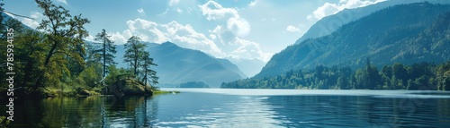 Serene landscape of a majestic mountain range by a tranquil blue lake with forested shores bathed in sunlight