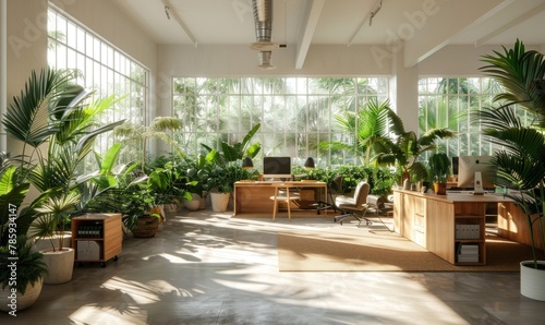 A contemporary office space flooded with natural light, showcasing an eco-friendly workplace ambiance. 