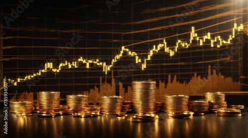 Coil coins placed on golden chart of stock market data and analysis financial graph. Business finance chart with upward moving arrow graph