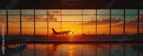 silhouette of an airplane taking off or landing at sunset, visible through the window of the airport