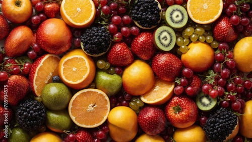 colorful fresh fruit Bright red apples, juicy orange slices and half a green kiwi are vitamin-rich fruits. photo