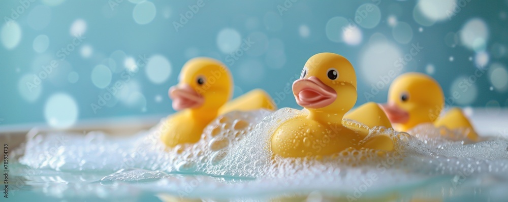 yellow rubber ducks in the bathroom with beautiful soap foam yellow rubber ducks in the bathroom with beautiful soap foam