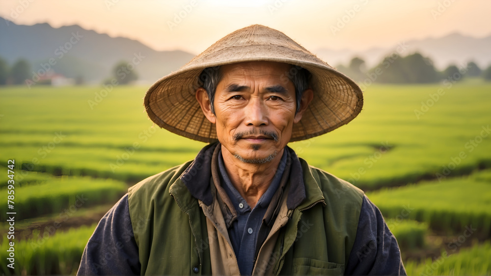 Portrait of Japanese farmer in paddy field at morning 
