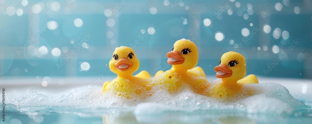 yellow rubber ducks in the bathroom with soap foam, suitable for advertising bath foam, shampoo and other cleanliness products yellow rubber ducks in the bathroom with soap foam, suitable for advertising bath foam, shampoo and other cleanliness products