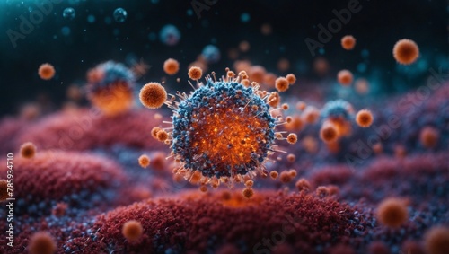 Dark Virus Cell Under Microscope with Blue Fractal Light Glow