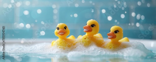 yellow rubber ducks in the bathroom with soap foam, suitable for advertising bath foam, shampoo and other cleanliness products