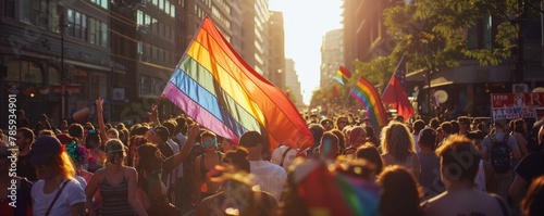 Colorful banner Rainbow flag unfurling over a cheerful crowd during Pride. 