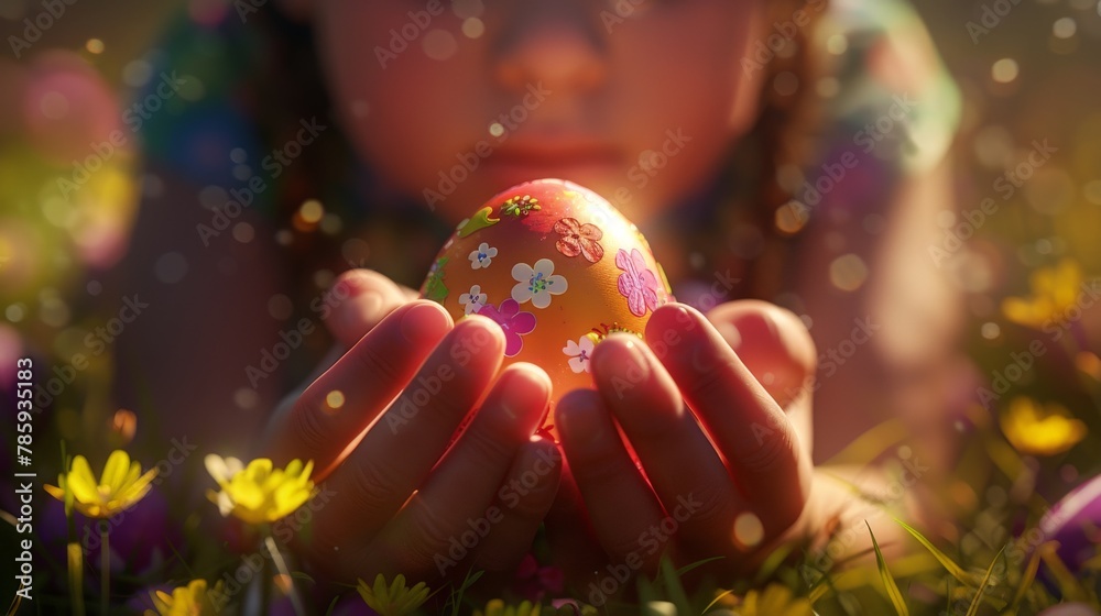 A close-up of a child's hands clutching a brightly colored Easter egg, with a look of pure joy and anticipation on their face.3D rendering