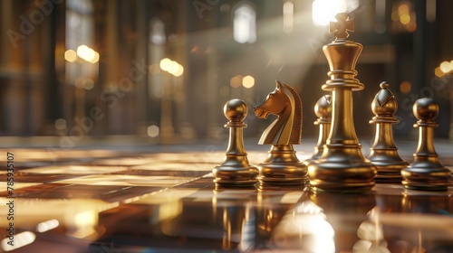A classic chessboard bathed in strategic light, with powerful pieces (queen, rook) positioned for dominance, symbolizing calculated business moves.