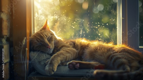 A cat napping in a sunbeam on a windowsill. Include details like dust motes dancing in the light.