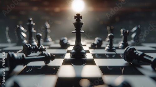 A chessboard with a single king piece standing triumphantly in the center, surrounded by captured pieces, representing achieving a dominant market position through strategic business planning. photo
