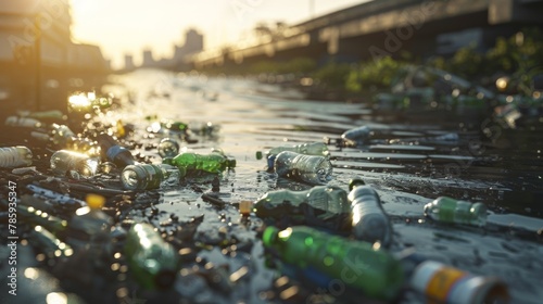A choked waterway clogged with plastic bottles and industrial waste, highlighting the issue of plastic pollution and its contribution to climate change. photo