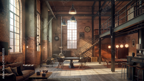 Industrial Interiors rugged beauty of industrial interiors with exposed brick walls, metal beams, and vintage machinery  photo